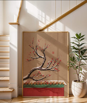 Illustration of blooming plum branch over traditional rooftop