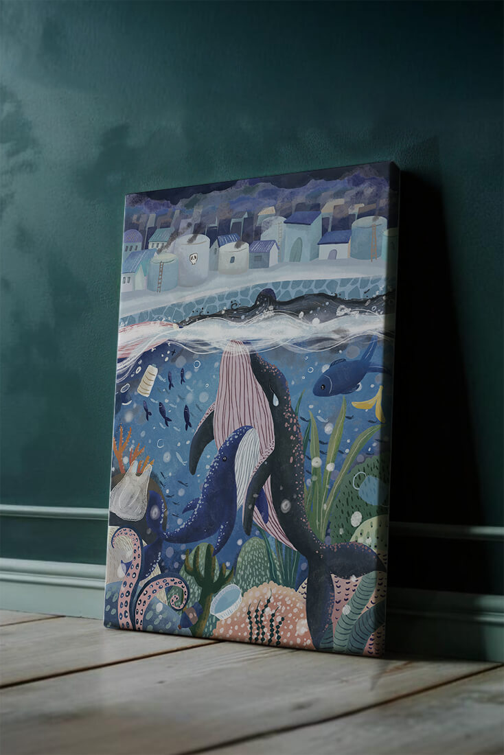 Whimsical Underwater City with Marine Life and Pollution