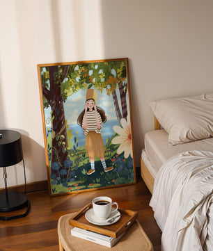 Whimsical Illustration of a Girl in Nature with Golden Hat
