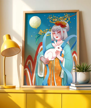 Femme élégante en tenue traditionnelle tenant un lapin blanc sous une pleine lune