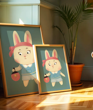 Illustration d'un lapin cartoon avec un bandeau et un sac rond