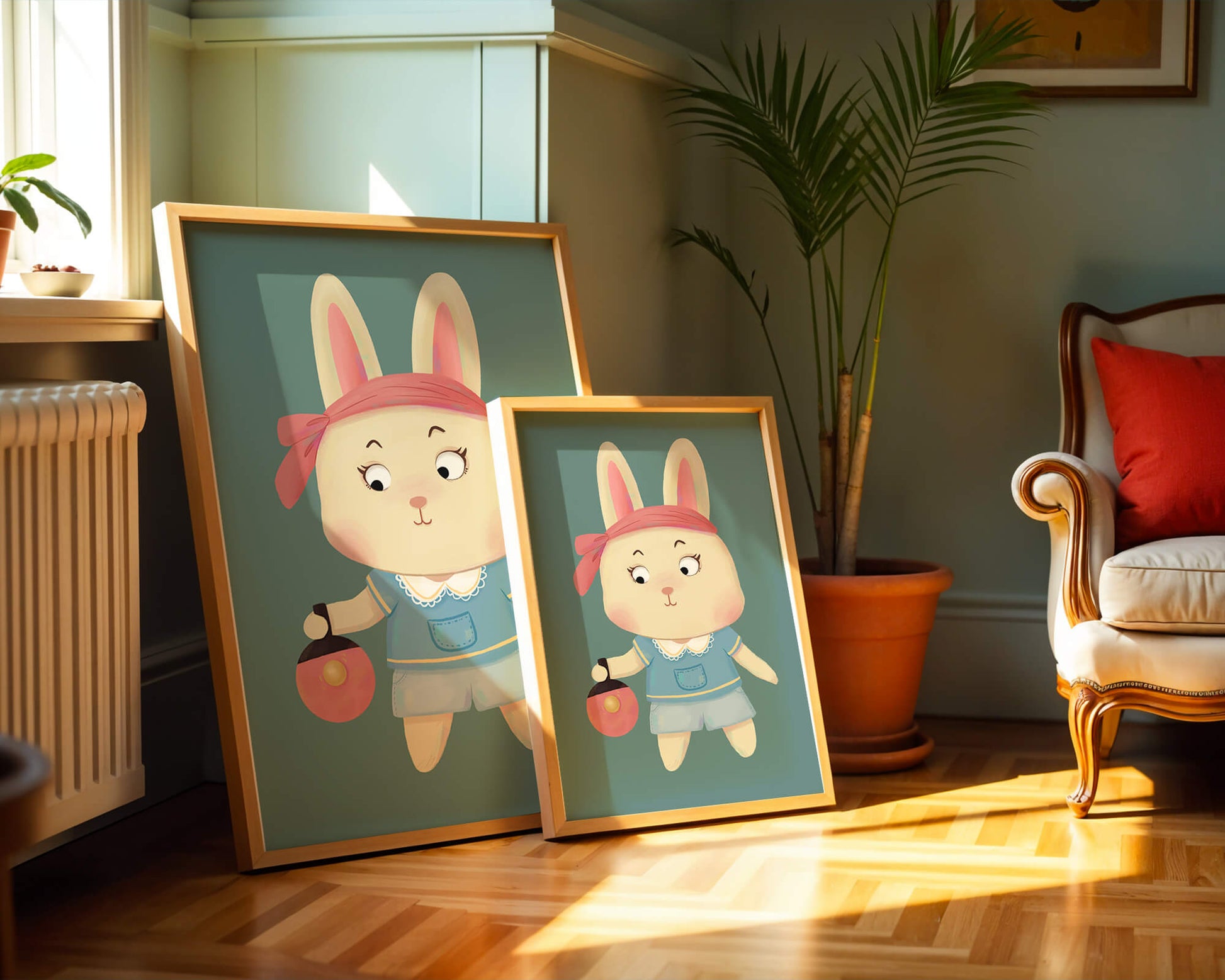 Illustration d'un lapin cartoon avec un bandeau et un sac rond