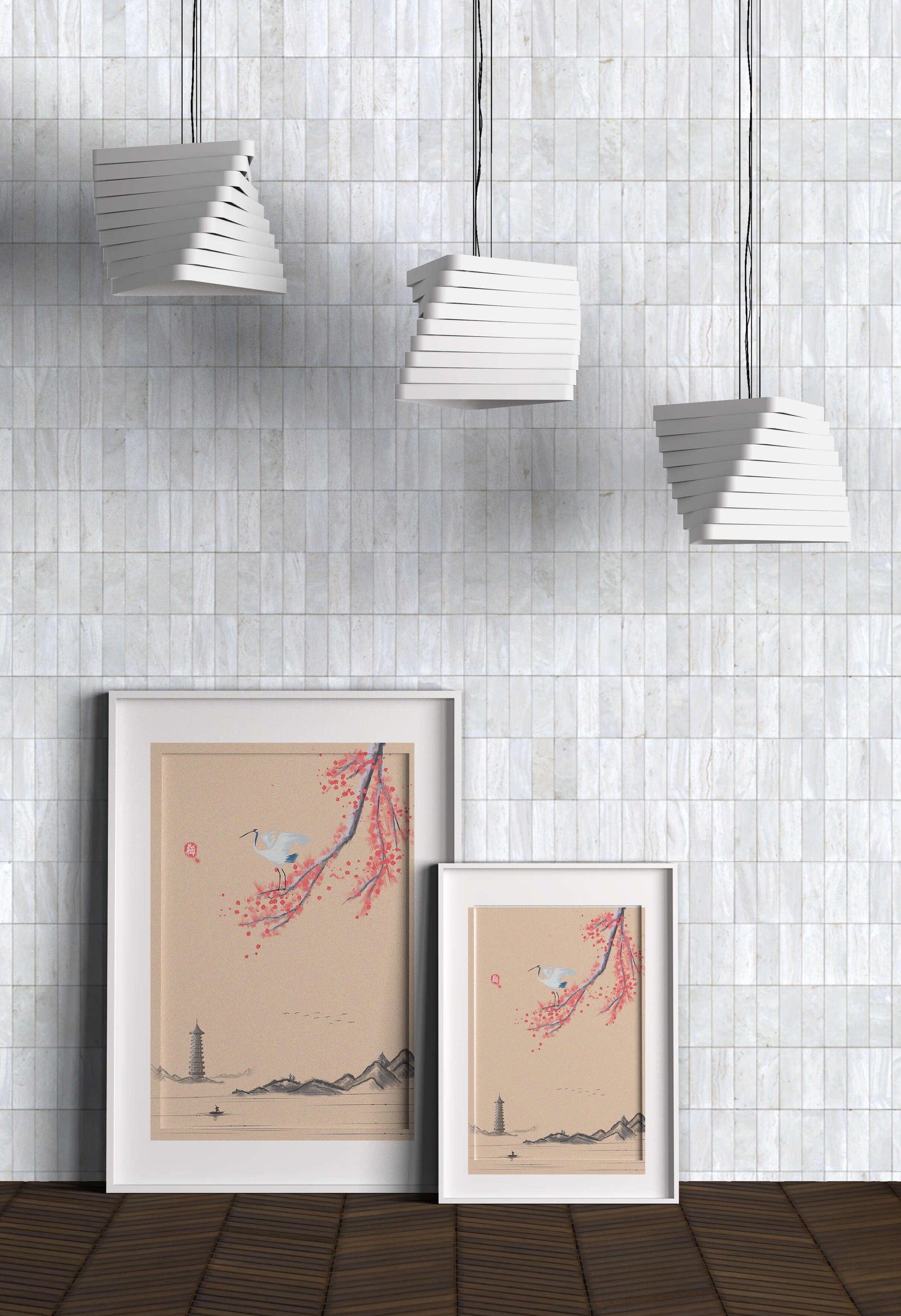 Serene landscape with crane and cherry blossom branch in East Asian style
