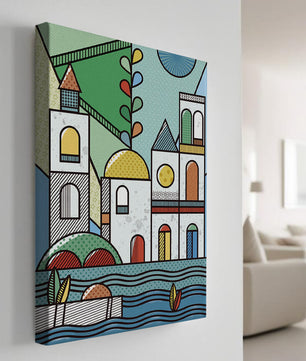 Paysage urbain géométrique coloré avec des éléments architecturaux modernes