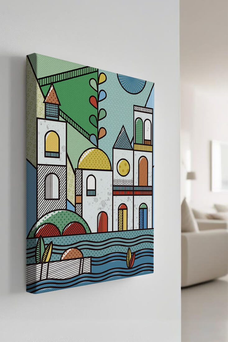 Paysage urbain géométrique coloré avec des éléments architecturaux modernes