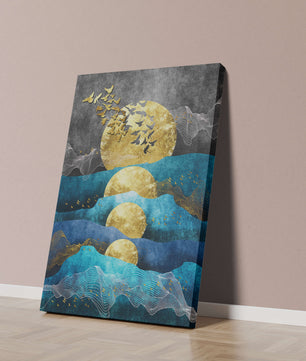 Abstract Landscape with Golden Sun and Flying Birds
