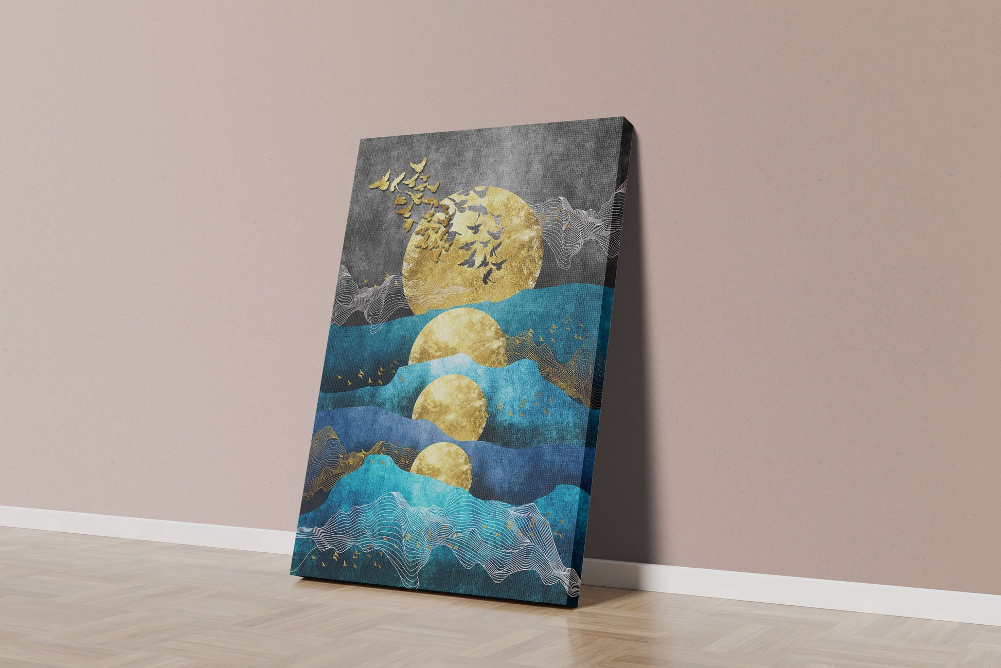 Abstract Landscape with Golden Sun and Flying Birds