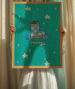 Colorful rain boots with floral pattern on a rainy background
