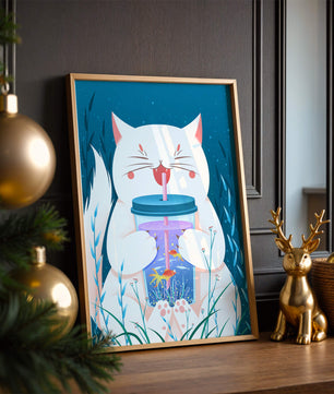 Playful cat with a fish tank tumbler in the underwater scene illustration