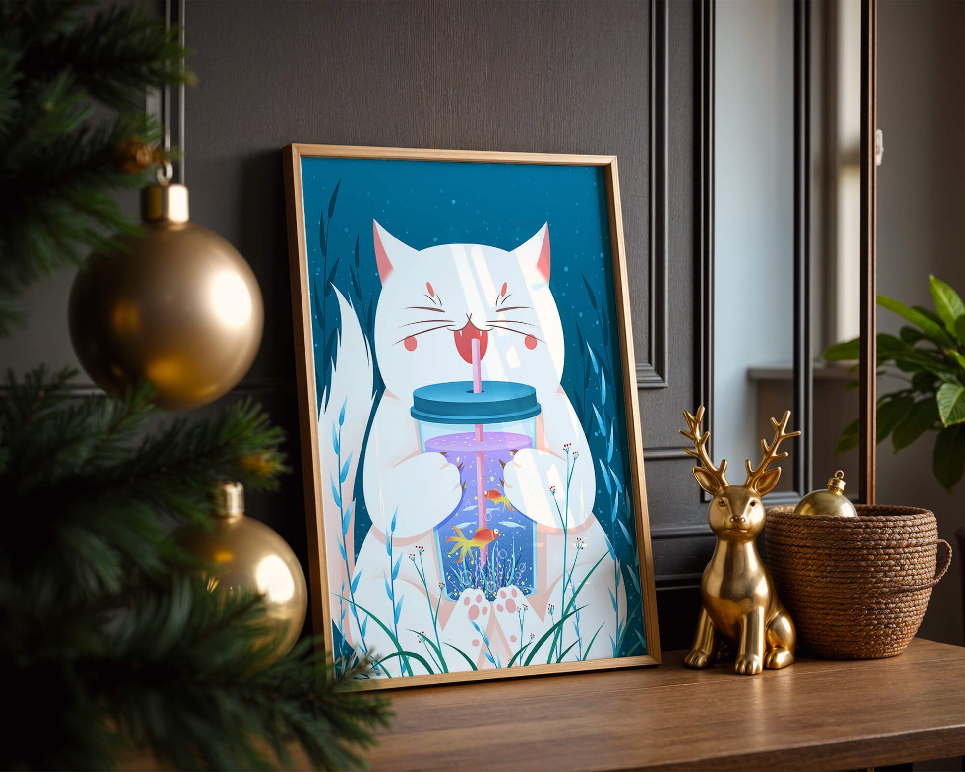 Playful cat with a fish tank tumbler in the underwater scene illustration
