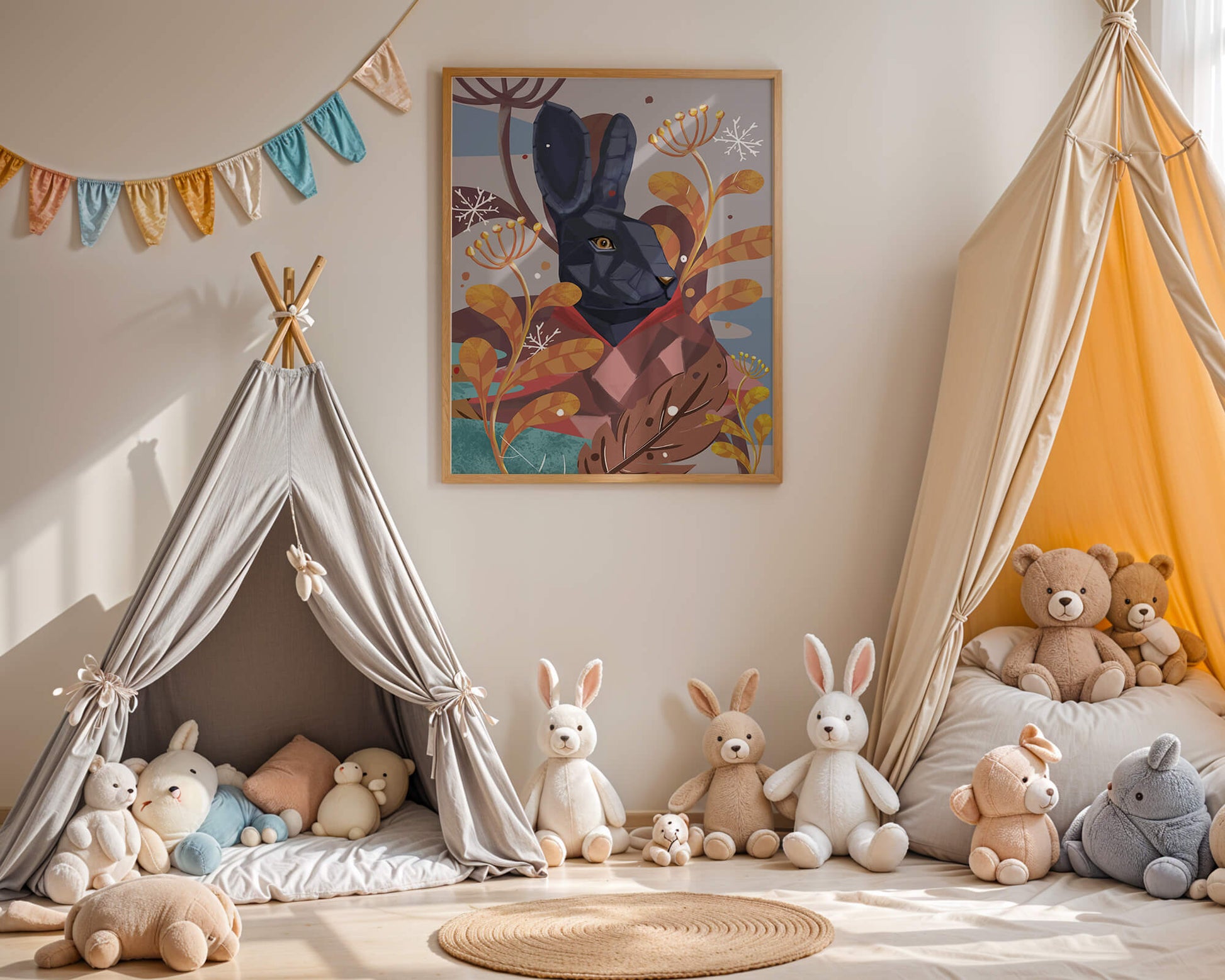 Abstract geometric rabbit in a vibrant autumn floral setting