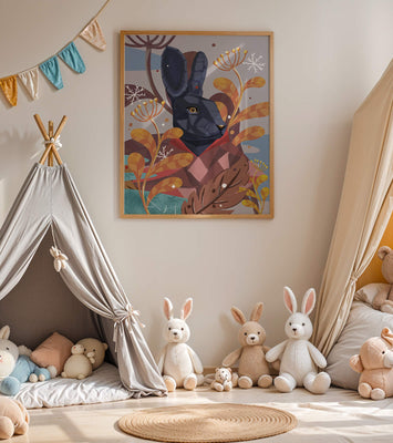Abstract geometric rabbit in a vibrant autumn floral setting