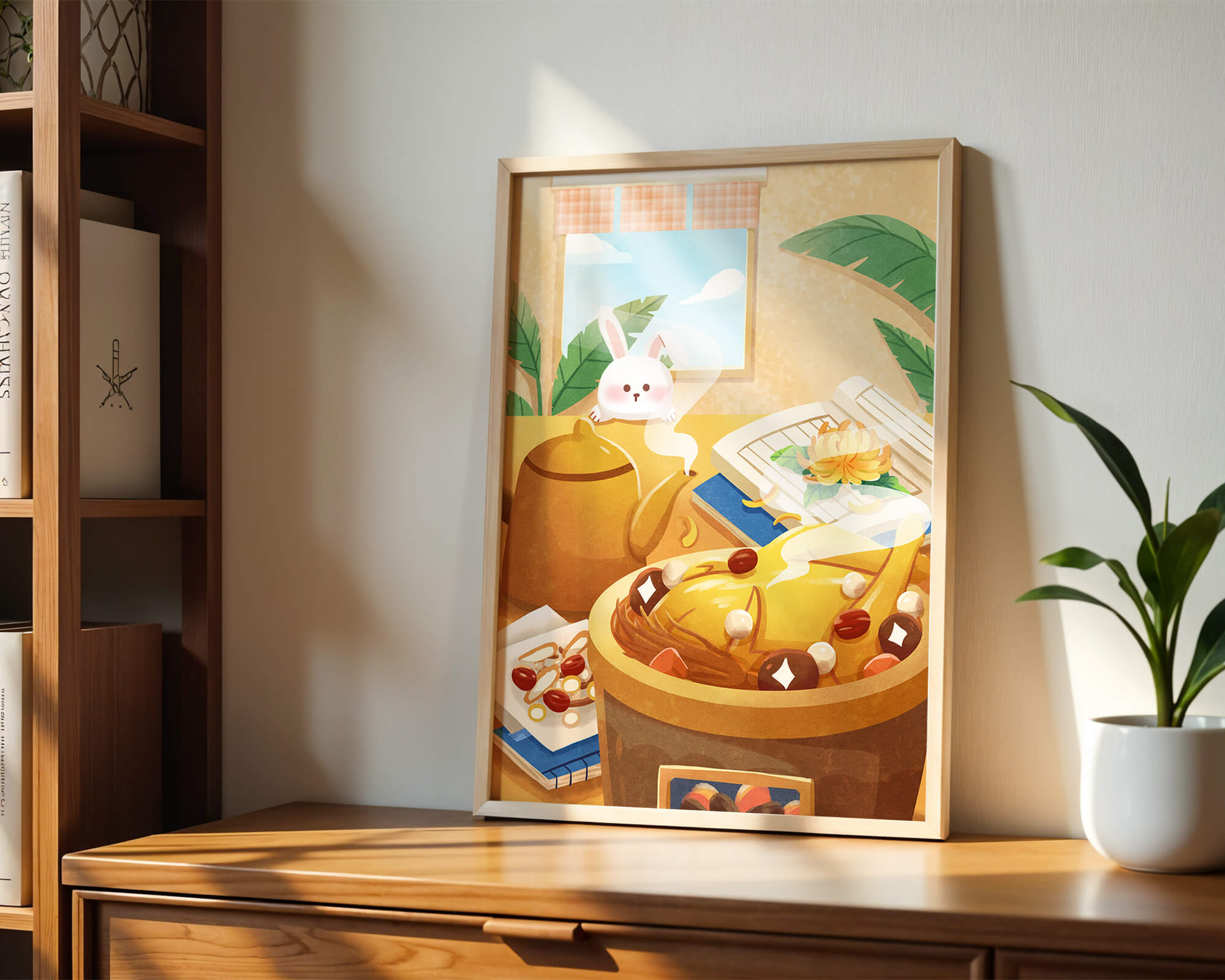 Cozy kitchen scene with cute bunny, teapot, and golden dessert