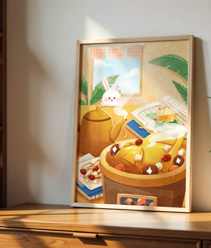 Cozy kitchen scene with cute bunny, teapot, and golden dessert