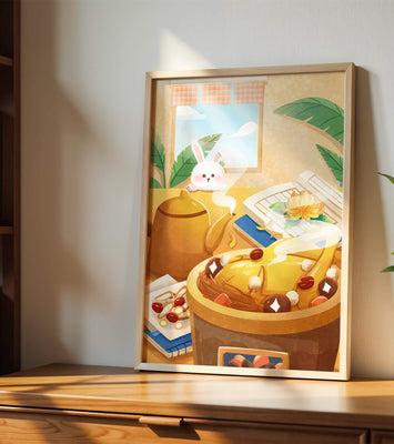 Cozy kitchen scene with cute bunny, teapot, and golden dessert