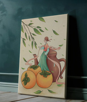 Whimsical scene with a woman in traditional attire among persimmons and leaves