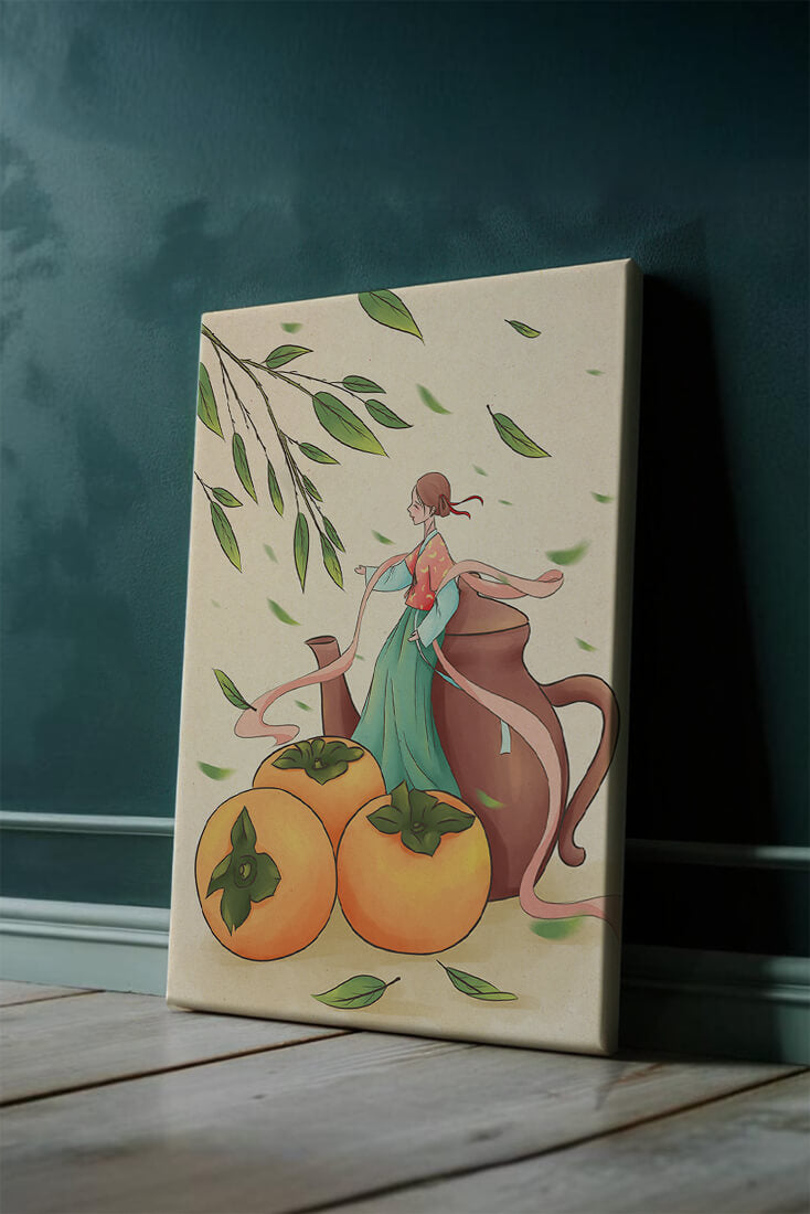 Whimsical scene with a woman in traditional attire among persimmons and leaves