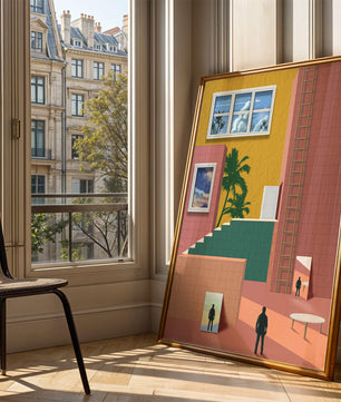 Surreale Architekturlandschaft mit tropischen Elementen und abstrakten Figuren