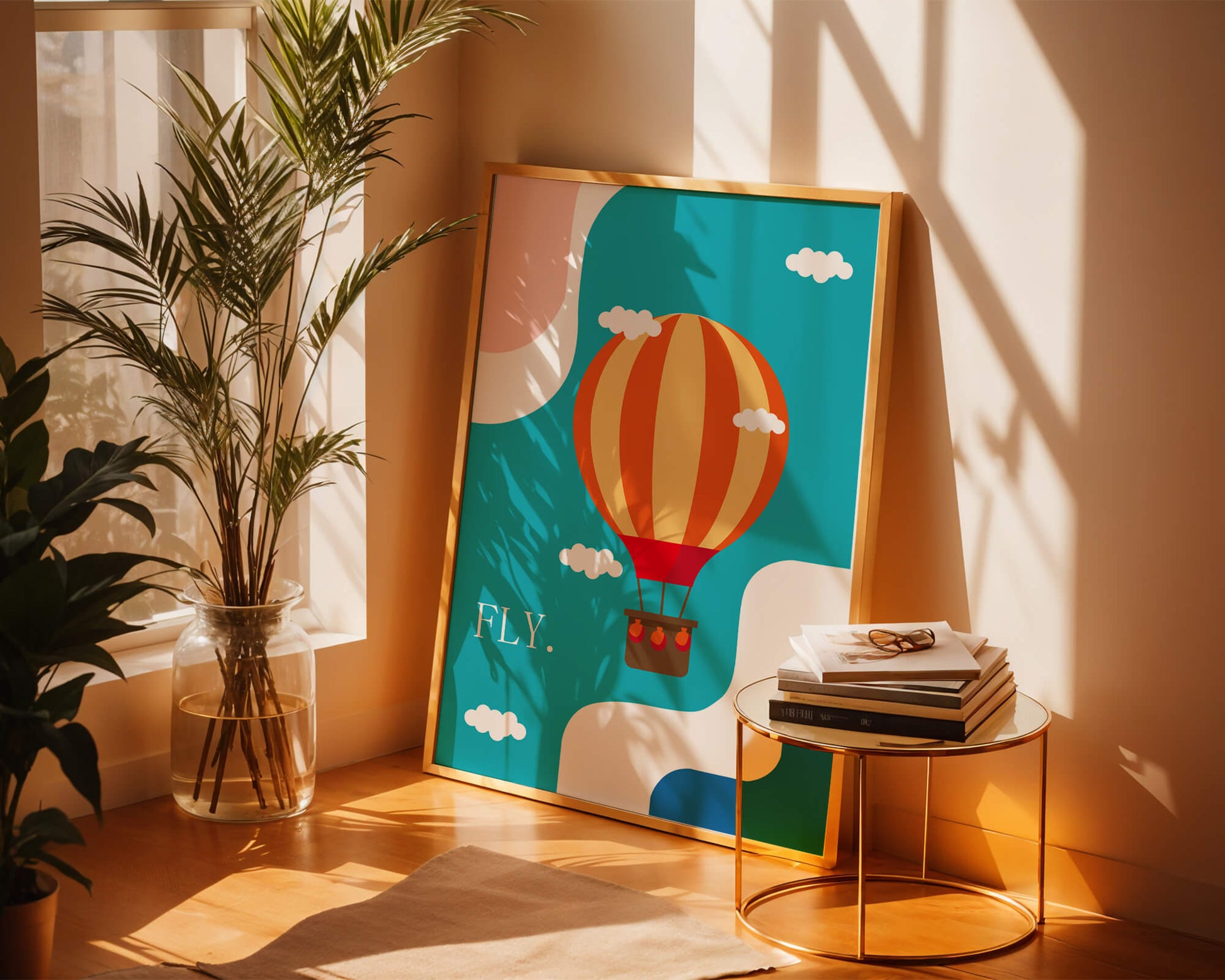 Bunte Heißluftballon-Illustration mit Wolken und abstrakten Formen