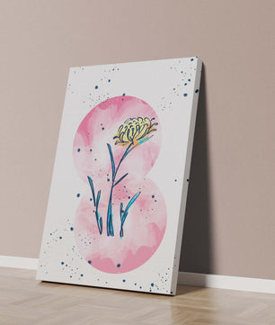 Abstract Floral Design with Pink Circles and Yellow Flower on White Background