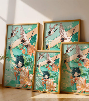 Serene Asian Art Illustration with Cranes and Lotus Flowers