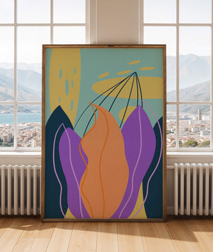 Abstract floral illustration with vibrant colors and geometric shapes