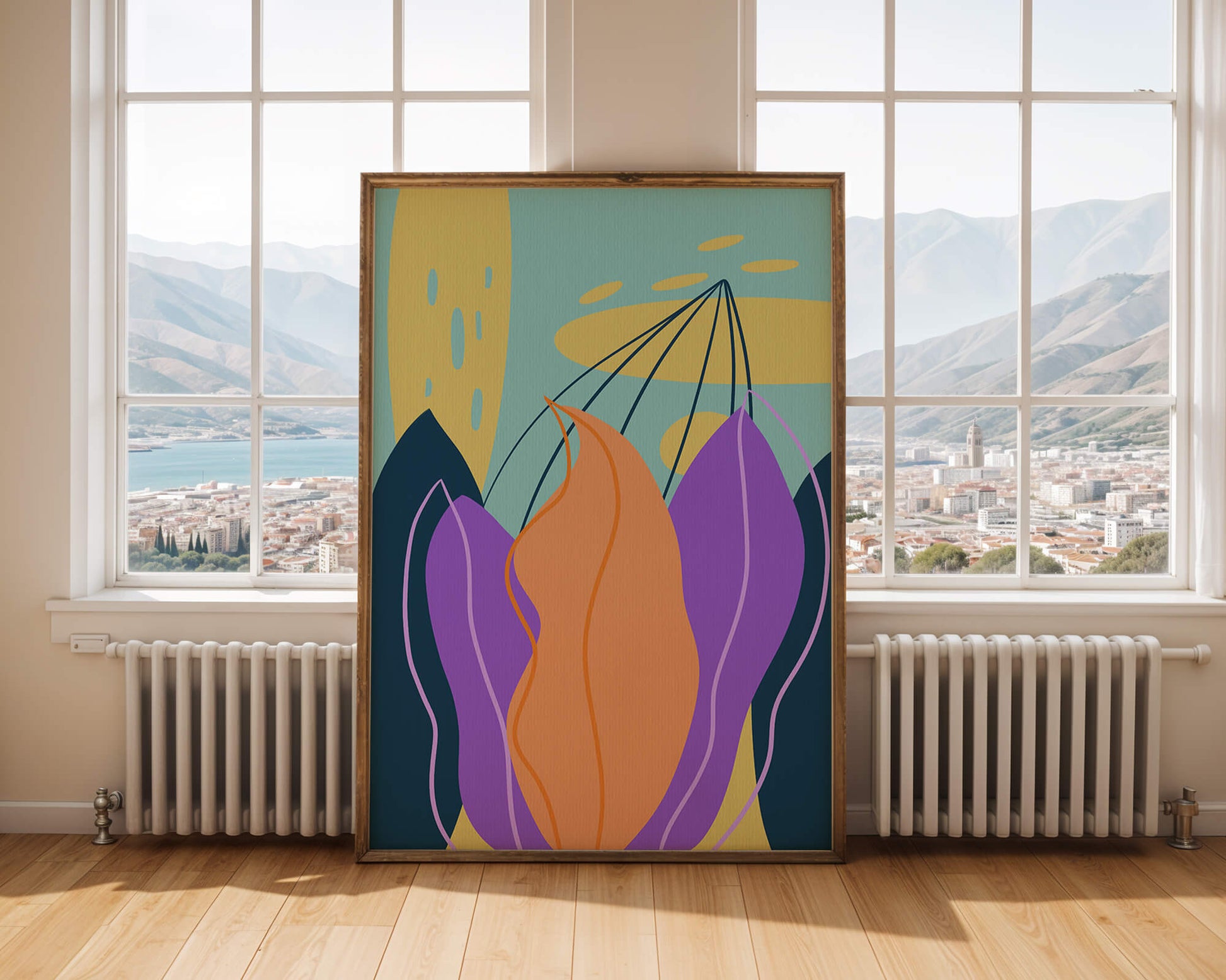 Abstract floral illustration with vibrant colors and geometric shapes