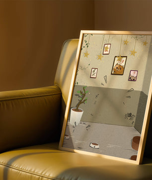 Habitación acogedora con decoraciones de estrellas y obra de arte de gatos