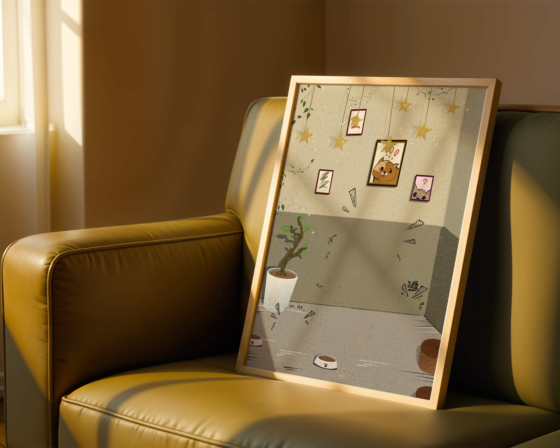 Cozy Room with Star Decorations and Cat Artwork