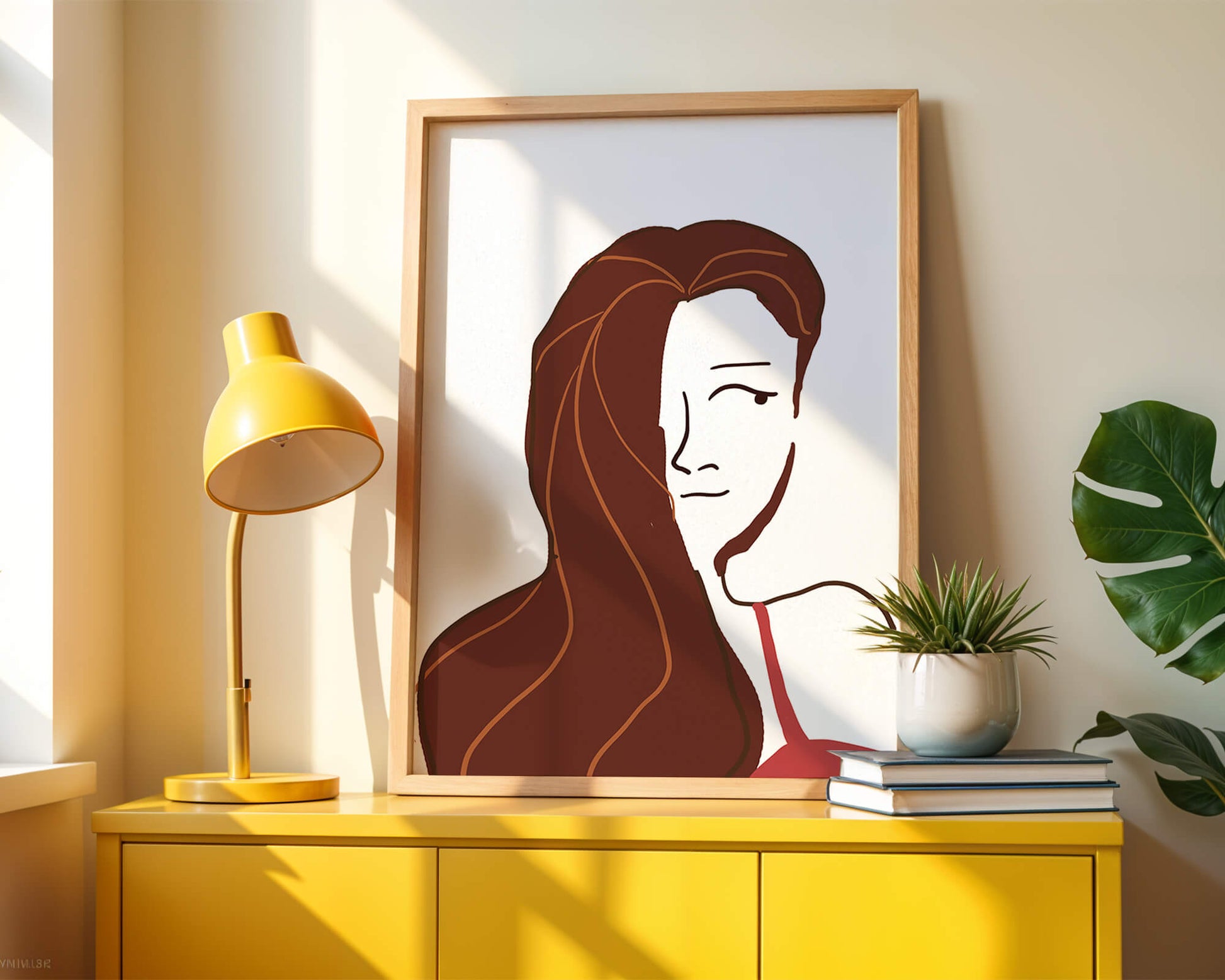 Ilustración estilizada de una mujer con cabello fluyendo y diseño minimalista