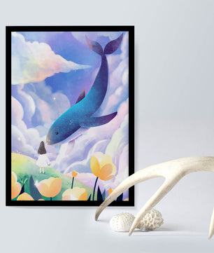 Paisaje surrealista con una ballena gigante y elementos caprichosos