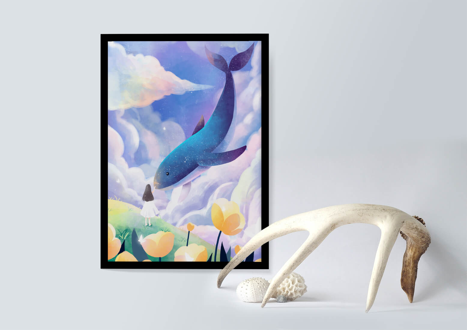Paisaje surrealista con una ballena gigante y elementos caprichosos