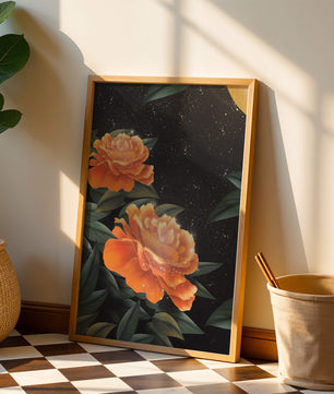 Fantasía floral elegante con flores naranjas vibrantes y un brillo dorado