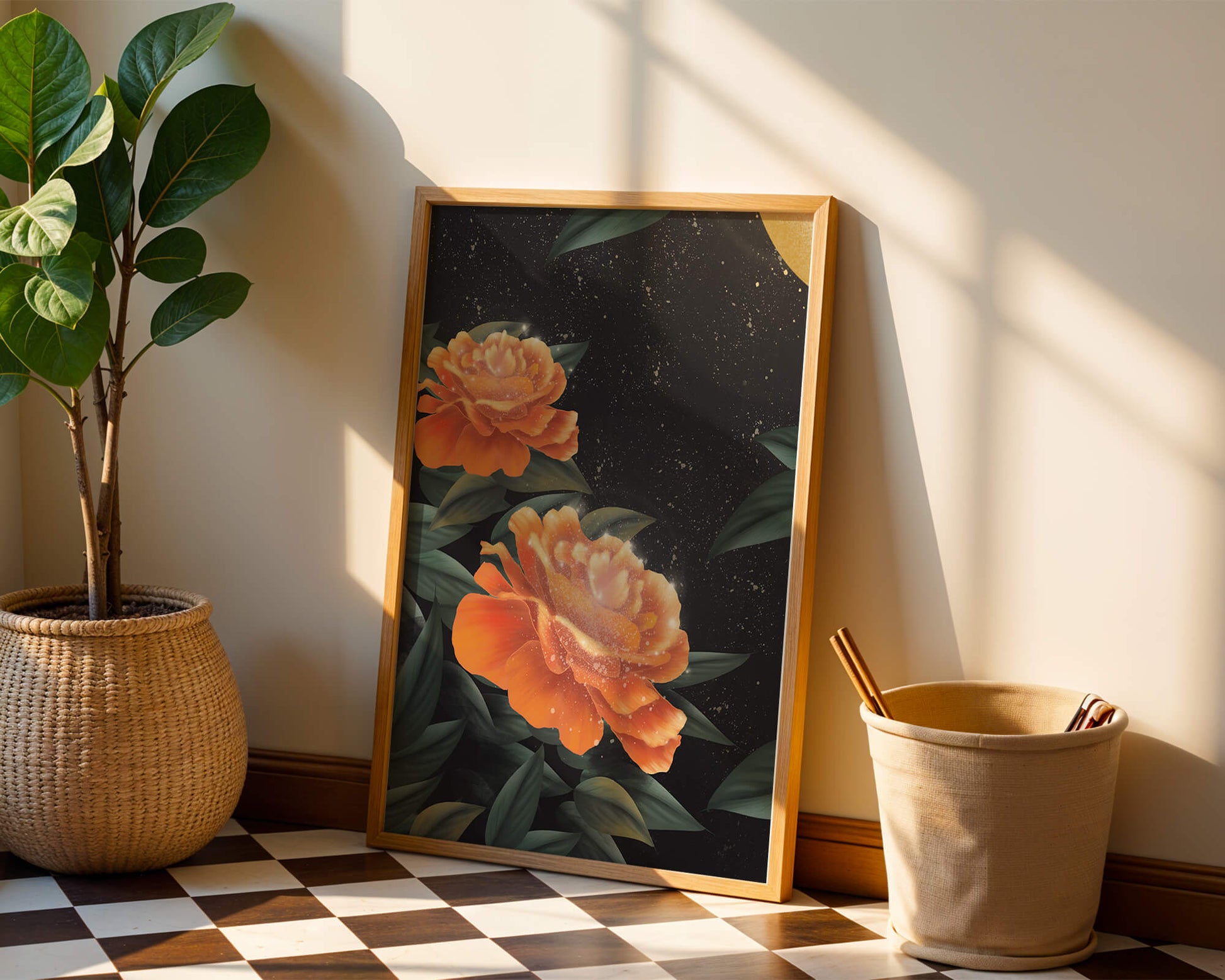 Fantasía floral elegante con flores naranjas vibrantes y un brillo dorado