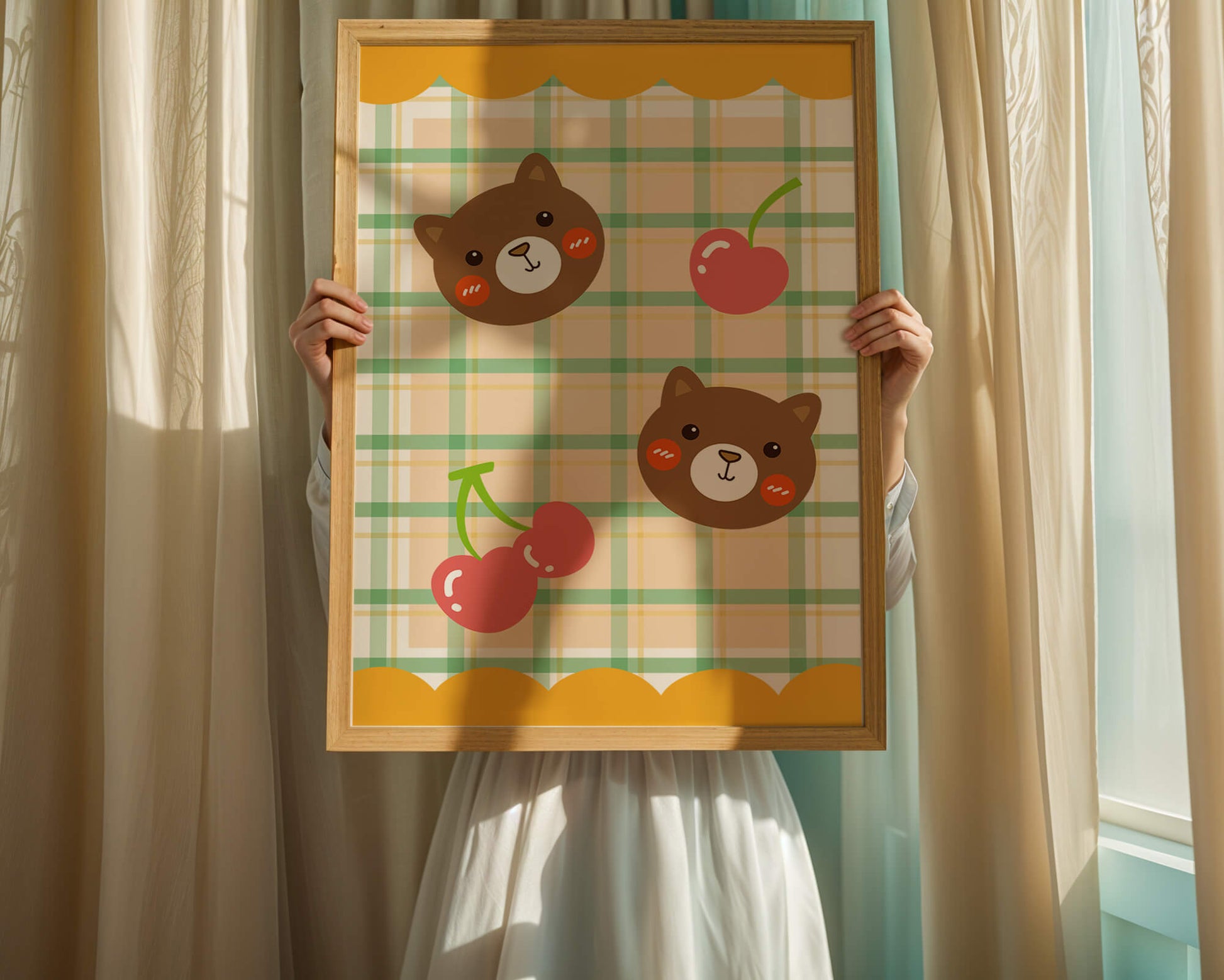Playful bear and cherry pattern with plaid background