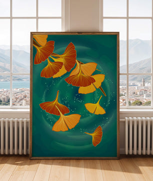 Blätter des Ginkgo-Stylings auf einem türkisfarbenen Hintergrund schweben
