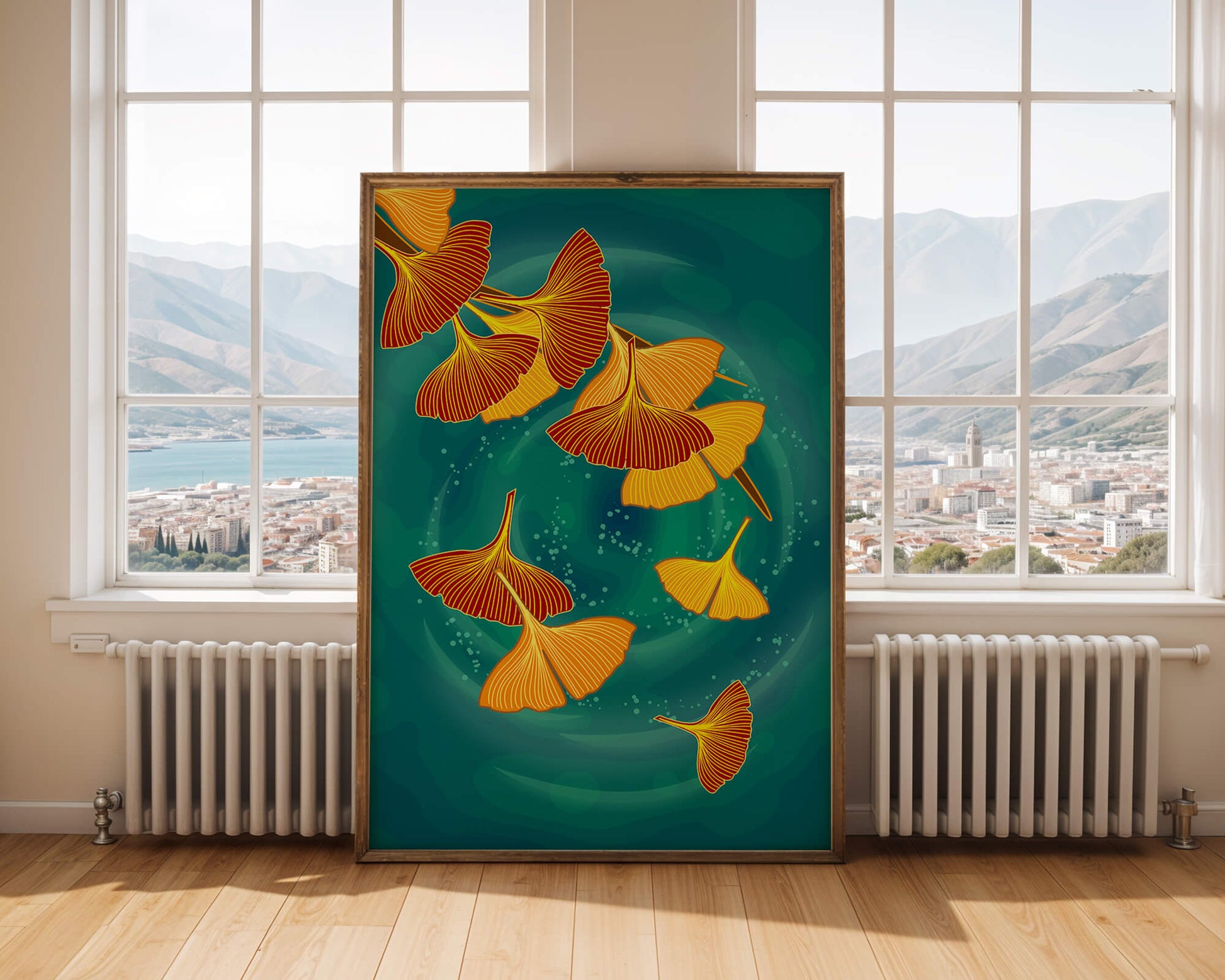 Stylized Ginkgo Leaves Floating on a Turquoise Background