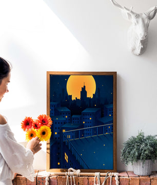 Stadtdach bei Nacht mit beleuchteten Fenstern und Vollmond