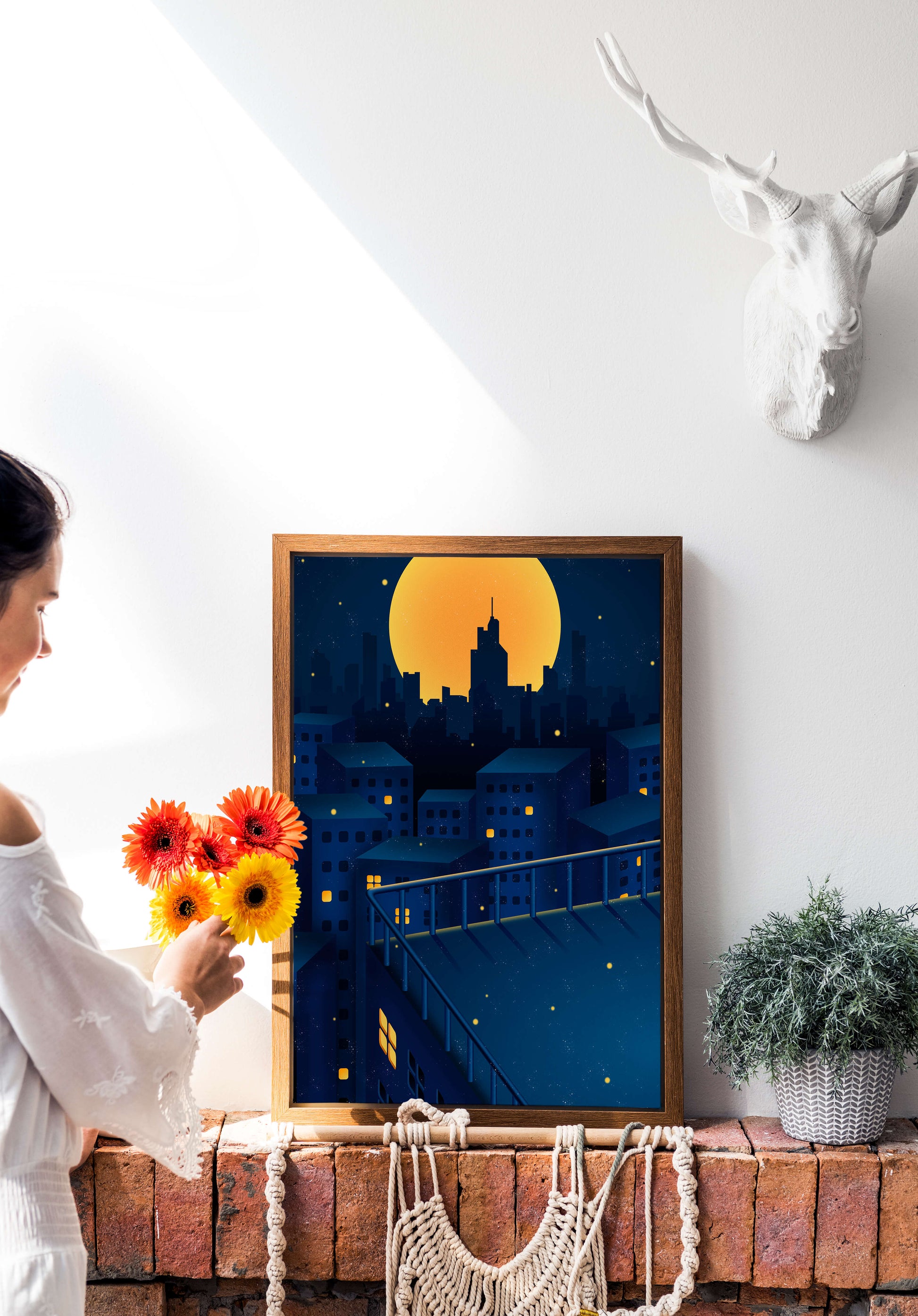 City Rooftop at Night with Illuminated Windows and Full Moon
