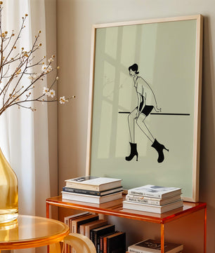 Schicke minimalistische Illustration einer sitzenden Frau in stylischen Stiefeln
