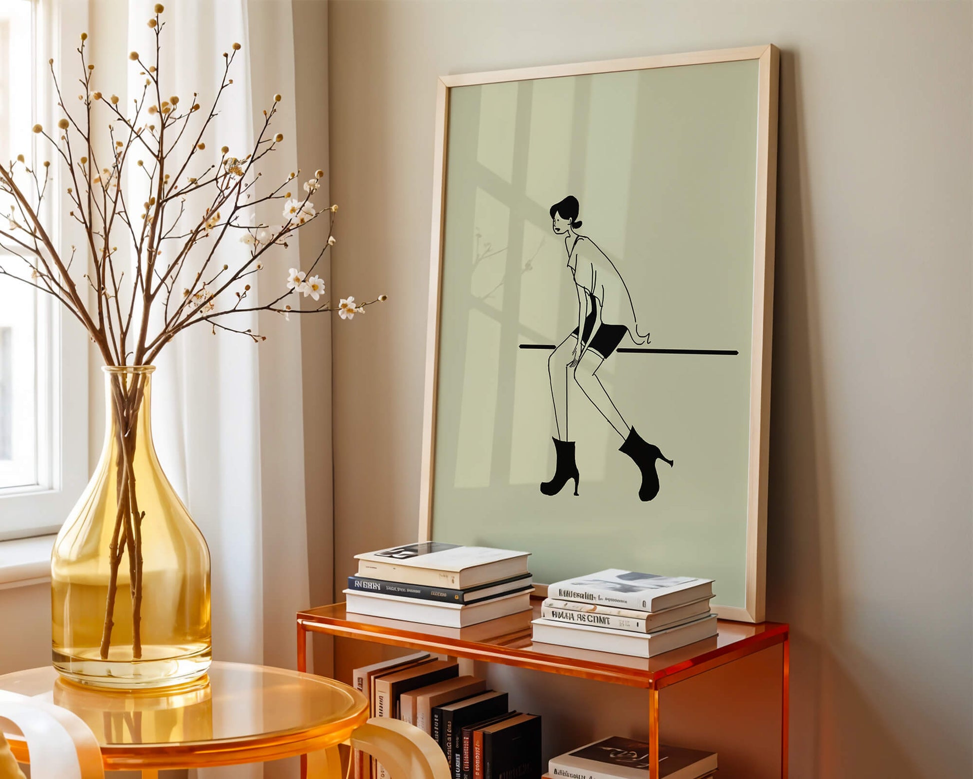 Schicke minimalistische Illustration einer sitzenden Frau in stylischen Stiefeln