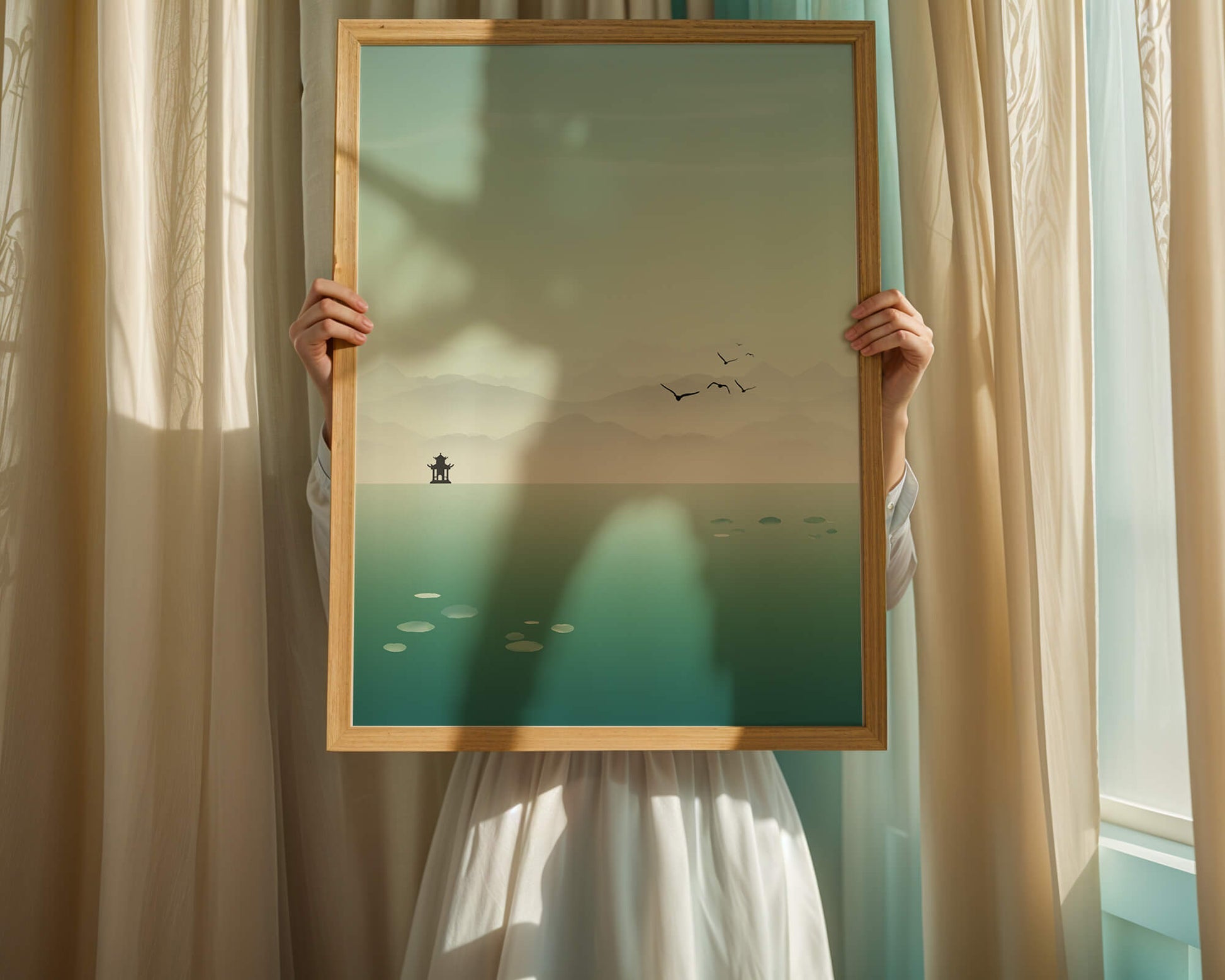 Serene landscape with pagoda and birds over a misty lake