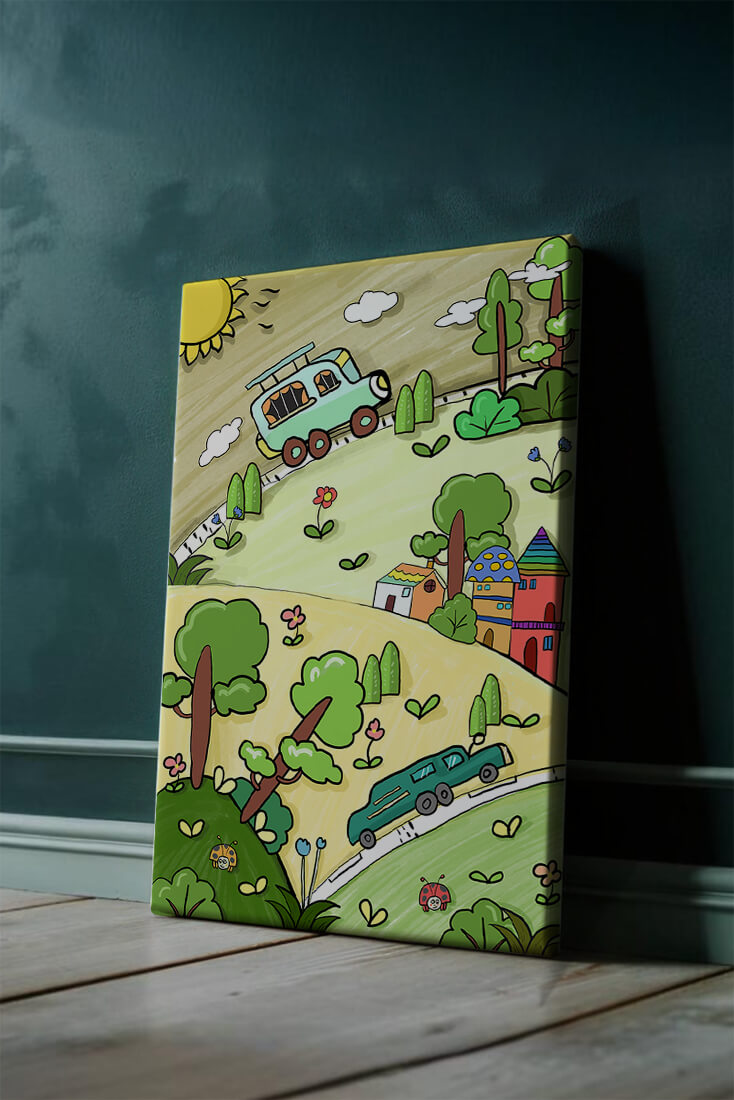 Whimsical landscape with houses, cars, and colorful flora