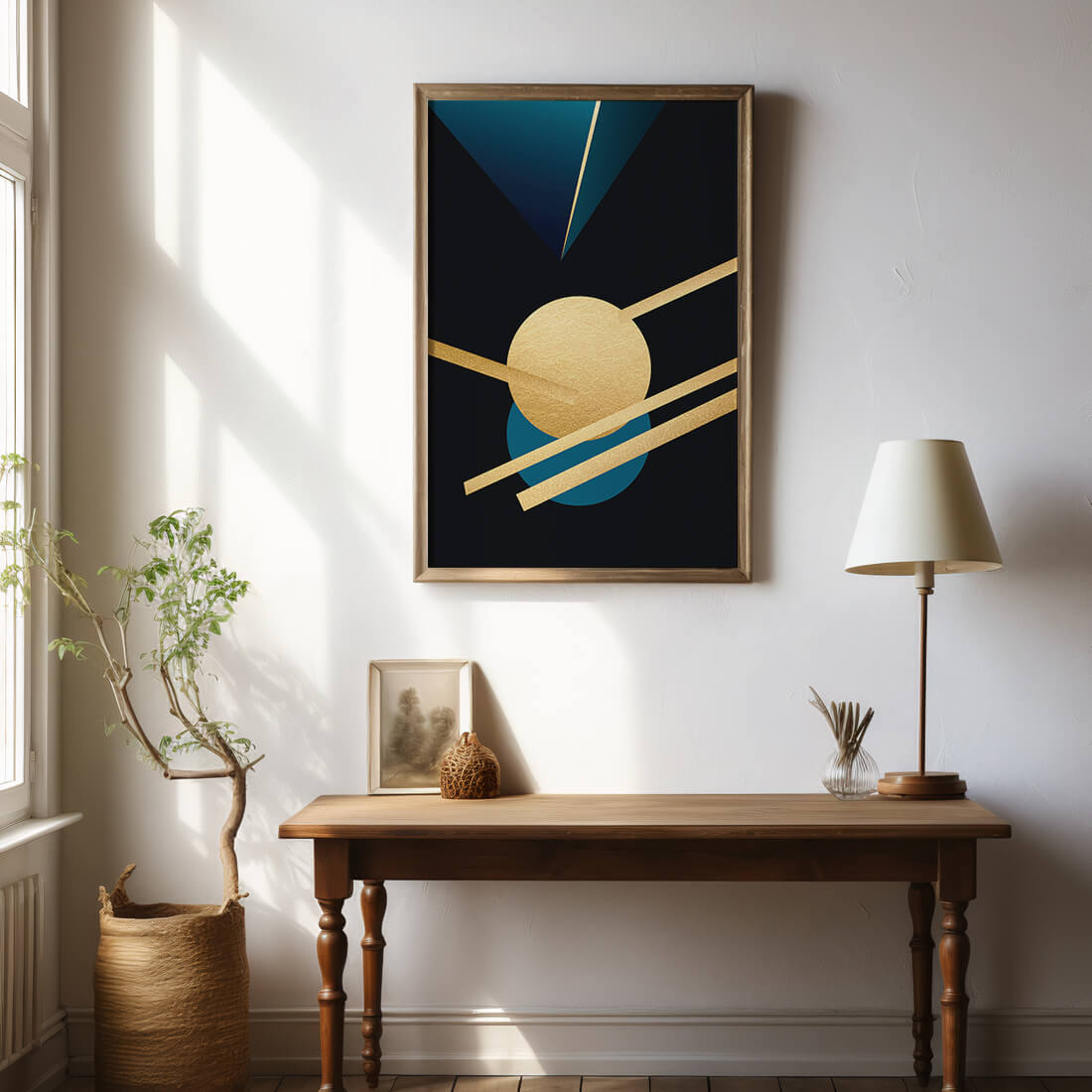 Abstract Geometric Composition with Gold and Blue Elements