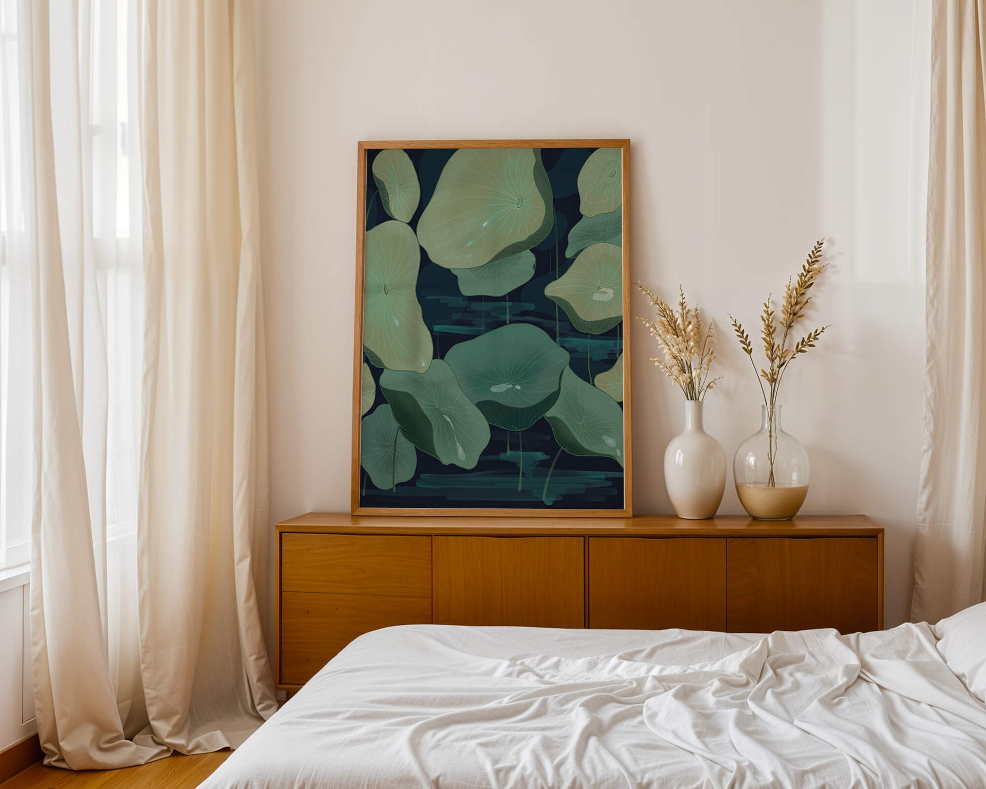 Green lily pads on a dark water background illustration