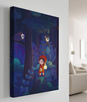 Little Girl in Red Hood Exploring Enchanted Forest at Night with Owl and Bear