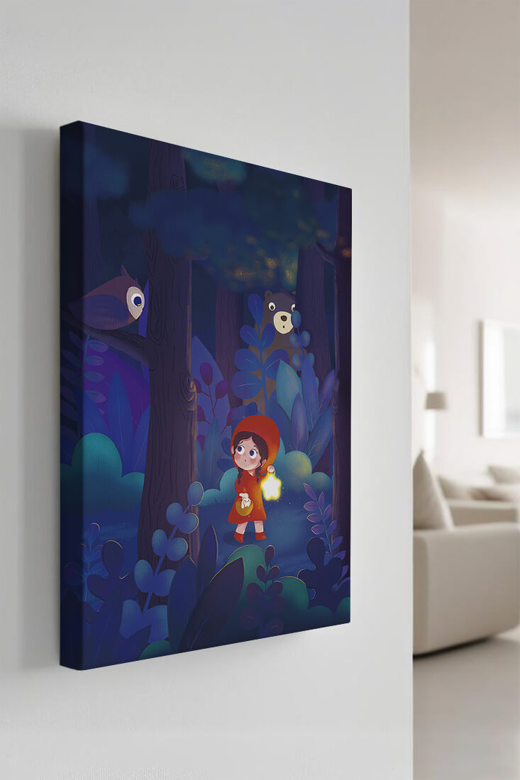 Little Girl in Red Hood Exploring Enchanted Forest at Night with Owl and Bear