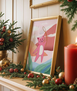 Pink Cat Holding Net in Whimsical Landscape