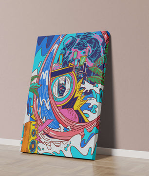 Vibrant abstract art with waves and neon elements