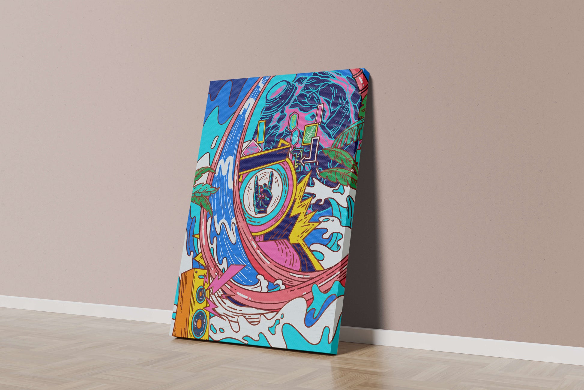 Vibrant abstract art with waves and neon elements